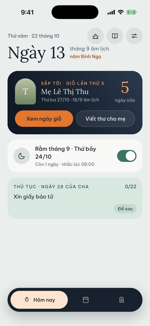 Hôm nay: ngày âm lịch, ngày giỗ sắp tới, việc cần làm